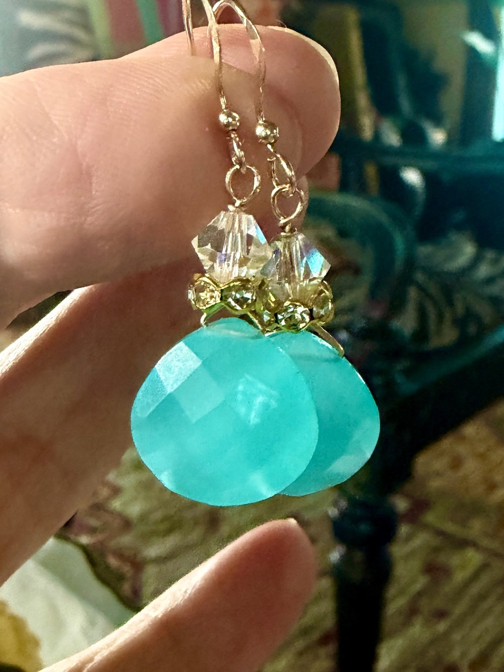Handmade Aqua Chalcedony and Crystal earrings in gold